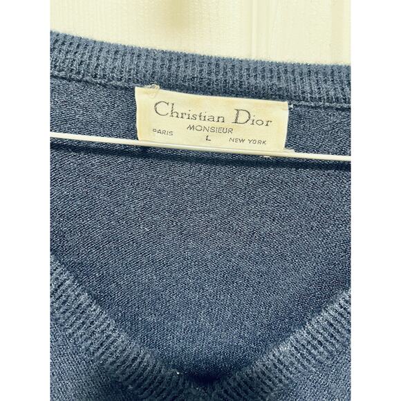 Vintage Christian Dior Sweater Mens Large V Neck Monsieur Made USA Classy Navy - Picture 3 of 7